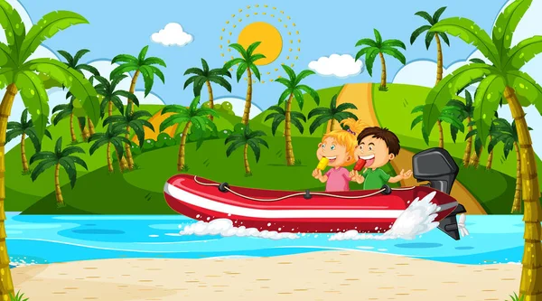 インフレータブルモーターボートのイラストで子供たちと海の風景 — ストックベクタ