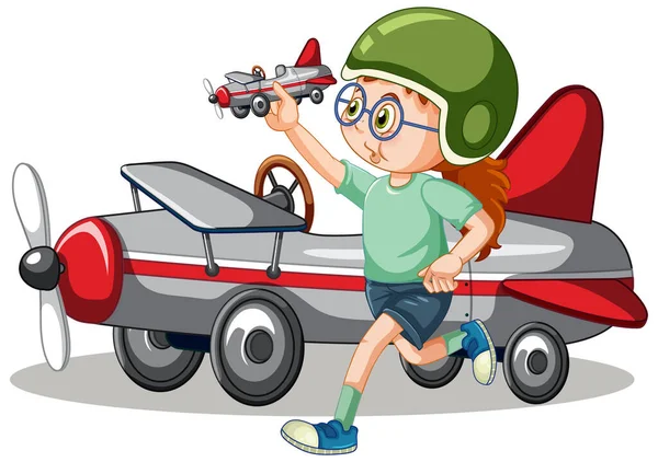 Young Girl Playing Plane Toy Standing Front Plane Illustration — стоковый вектор