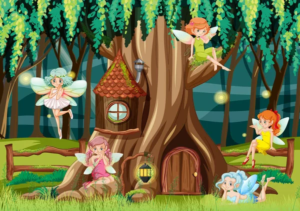 Floresta Fantasia Com Ilustrações Fadas Fofas — Vetor de Stock