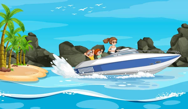 Ocean Scenery Woman Driving Speedboat Children Illustration — стоковый вектор