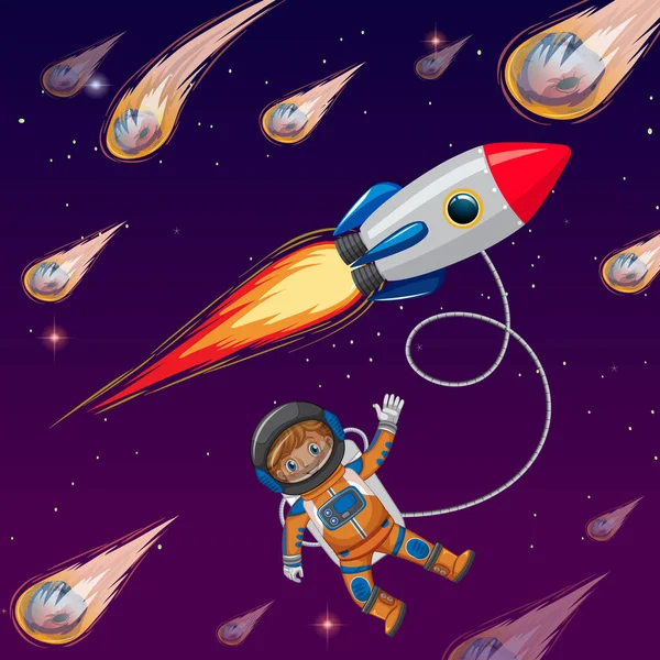 Astronaut Dítě Vesmíru Raketou Kometami Ilustrace — Stockový vektor