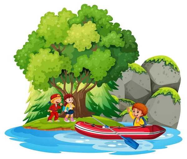 Μεμονωμένο Νησί Κινουμένων Σχεδίων Παιδιά Φουσκωτό Σκάφος Εικονογράφηση — Διανυσματικό Αρχείο