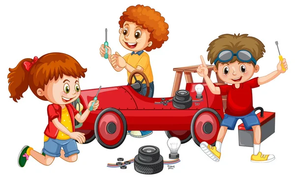 Crianças Reparando Carro Juntos Ilustração —  Vetores de Stock