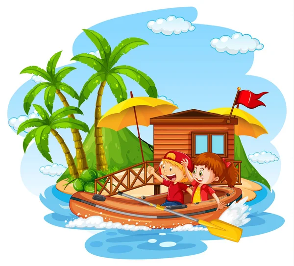 Bungalow Het Eiland Met Kinderen Opblaasbare Boot Illustratie — Stockvector