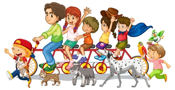 Familjen Rider Cykel Med Sina Husdjur Vit Bakgrund Illustration — Stock vektor