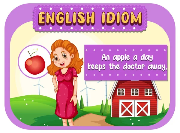 Αγγλικό Ιδίωμα Ένα Μήλο Την Ημέρα Κρατά Γιατρό Μακριά Εικόνα — Διανυσματικό Αρχείο