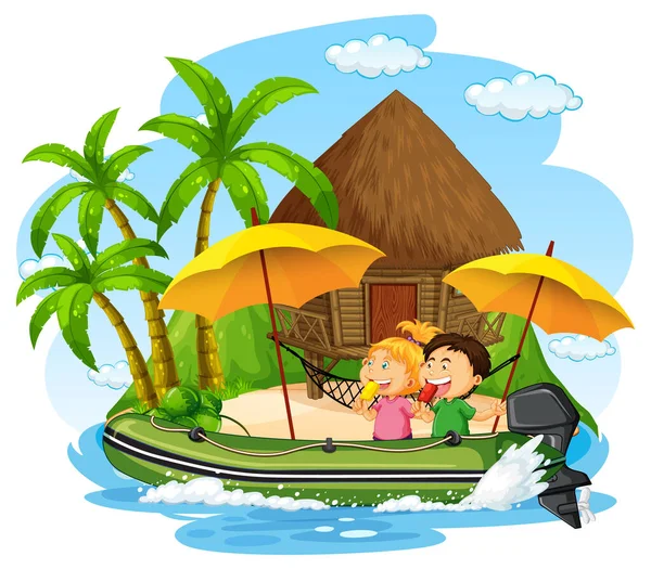 Bungalow Auf Der Insel Mit Kindern Auf Schlauchboot Illustration — Stockvektor
