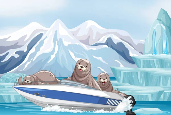 Antarctica Landscape Seals Speedboat Illustration — Stockvector