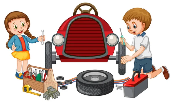 Dad Daughter Repairing Car Together Illustration — Stockový vektor
