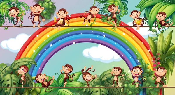 Different Monkey Cartoon Characters Rope Rainbow Background Illustration — Stock Vector