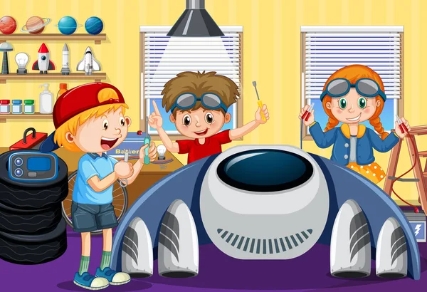宇宙船を一緒に修理する子供たちとのシーンイラスト — ストックベクタ