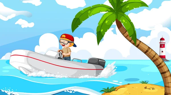 Ocean Scenery Boy Driving Motorboat Illustration — Stock Vector