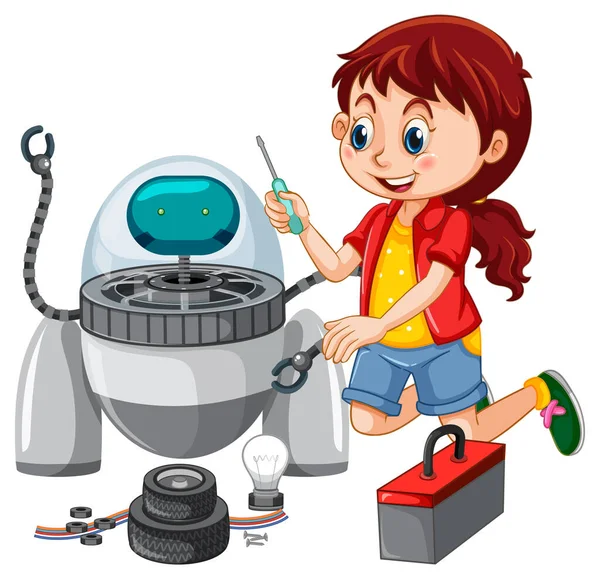 Young Girl Fixing Robot Illustration — Stock Vector