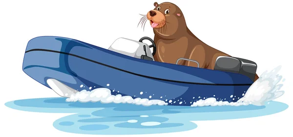 卡通画中的快艇上的海狮 — 图库矢量图片