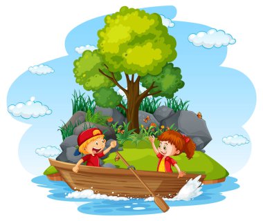 Isolated cartoon island with children on wooden boat illustration