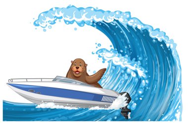 A seal in speed boat in cartoon style illustration