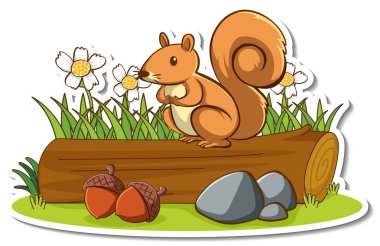 Cute squirrel standing on a log sticker illustration