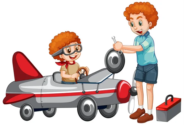 飛行機を一緒に固定する子供たちのイラスト — ストックベクタ