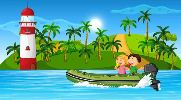 Ωκεανό Τοπίο Παιδιά Φουσκωτό Μηχανοκίνητο Σκάφος Εικονογράφηση — Διανυσματικό Αρχείο
