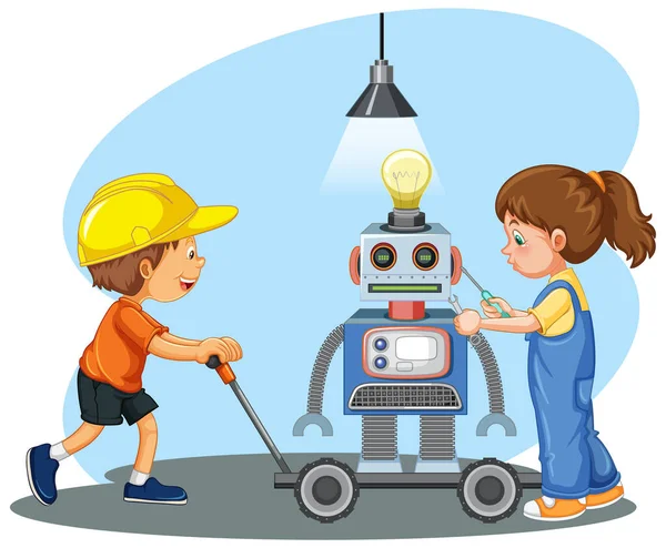 Niños Arreglando Robot Juntos Escena Habitación Ilustración — Vector de stock