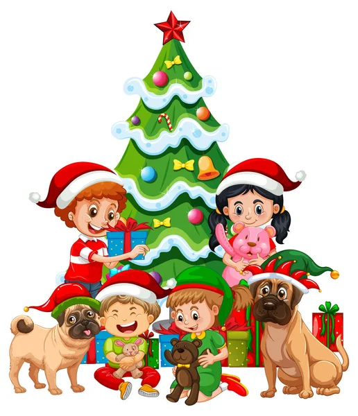 Noel Temalı Resimde Çocuklar Köpekler — Stok Vektör