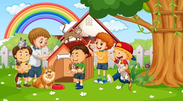 Park Scene Children Playing Animal Pets Illustration — Stock Vector