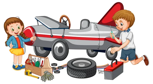 Dad Daughter Repairing Plane Together Illustration — Vector de stoc