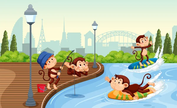 Park Scéna Malými Opicemi Dělat Různé Činnosti Ilustrace — Stockový vektor
