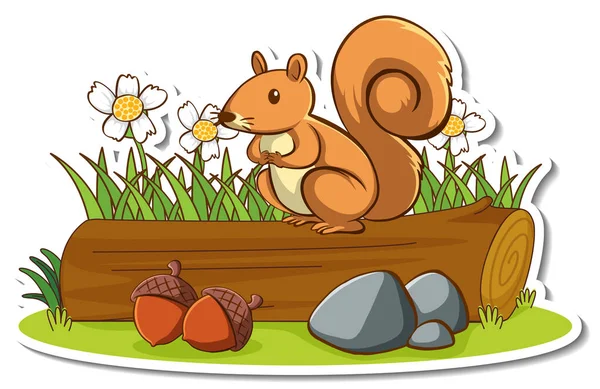 Cute Squirrel Standing Log Sticker Illustration — Stok Vektör
