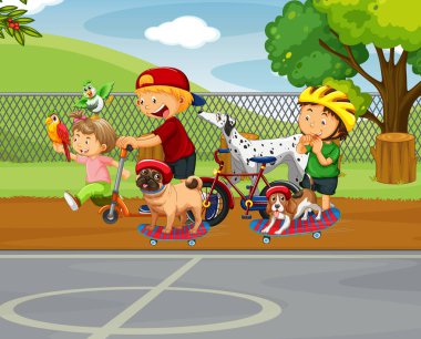 Park scene with kids playing with their animals illustration