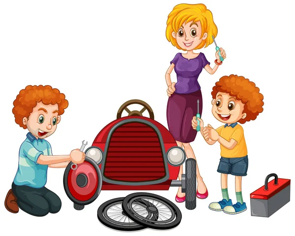Діти Ремонтують Автомобіль Разом Ілюстрація — стоковий вектор