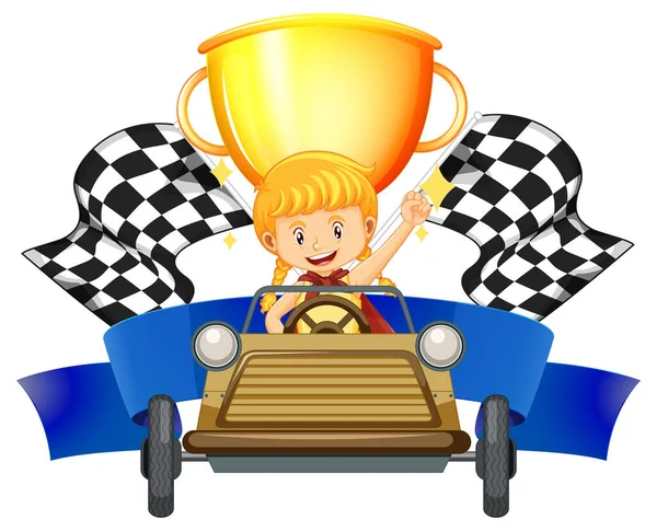 Kız Araba Yarışçısı Ödül Yarış Bayrağı Illüstrasyonunda — Stok Vektör