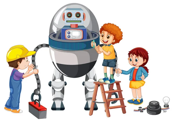 Niños Arreglando Robot Juntos Ilustración — Archivo Imágenes Vectoriales