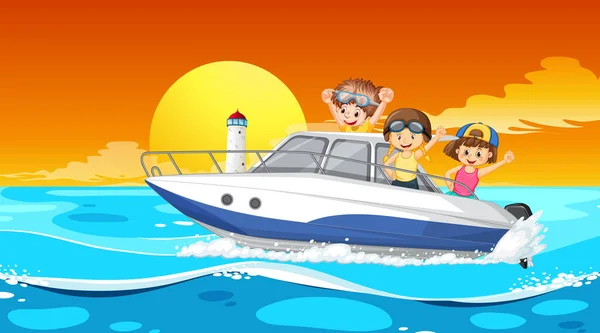 Paisaje Playa Con Niños Felices Barco Ilustración — Archivo Imágenes Vectoriales