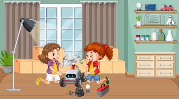 Niños Arreglando Robot Juntos Escena Habitación Ilustración — Vector de stock