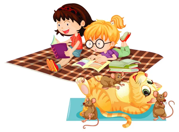 Children Reading Books Cat Playing Mouses Illustration — 스톡 벡터