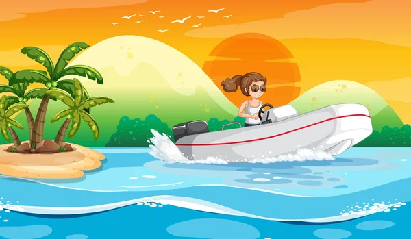 Paisaje Olas Oceánicas Con Una Mujer Conduciendo Barco Ilustración — Vector de stock