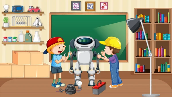 Niños Arreglando Robot Juntos Escena Habitación Ilustración — Archivo Imágenes Vectoriales