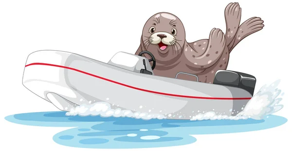 Zeehond Motorboot Cartoon Stijl Illustratie — Stockvector