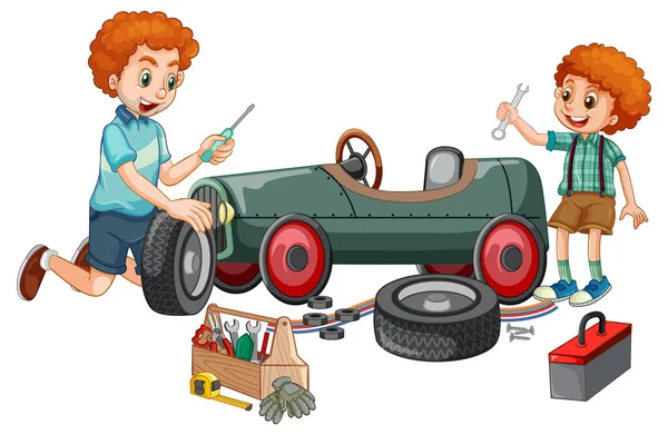 Tata Syn Naprawiają Samochód Razem Ilustracja — Wektor stockowy