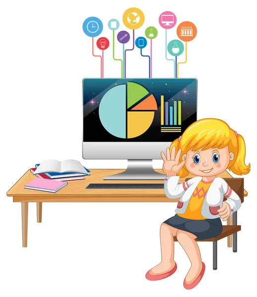 Νεαρό Κορίτσι Σπουδάζει Μπροστά Από Την Απεικόνιση Του Υπολογιστή — Διανυσματικό Αρχείο
