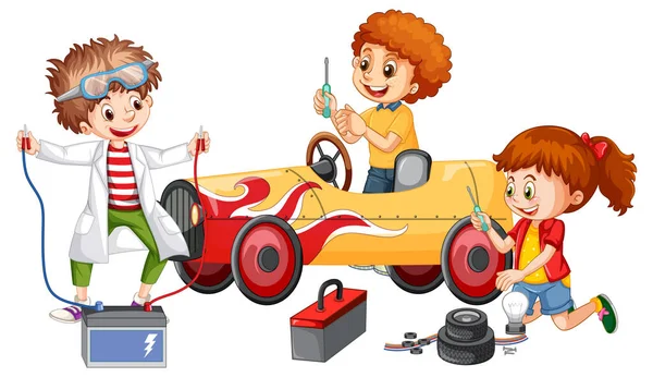 Niños Reparando Coche Juntos Ilustración — Archivo Imágenes Vectoriales