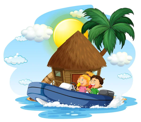 Bungalow Island Children Boat Illustration — Archivo Imágenes Vectoriales