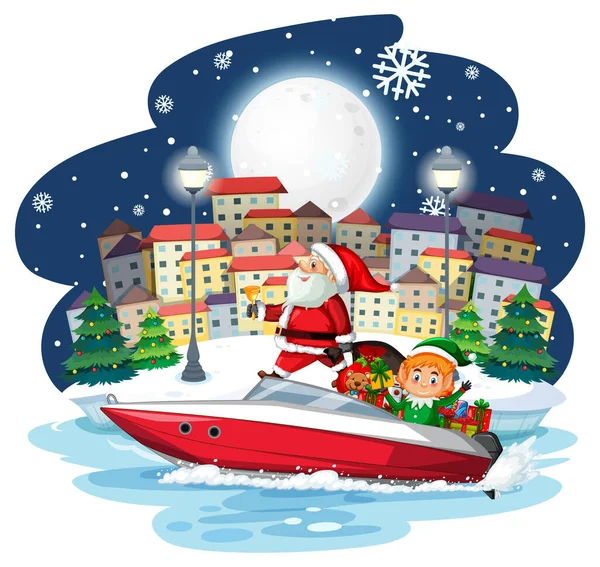 Jultomten Och Tomtar Motorbåt Snöig Natt Illustration — Stock vektor