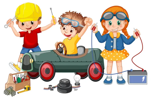 車を一緒に修理する子供たちのイラスト — ストックベクタ