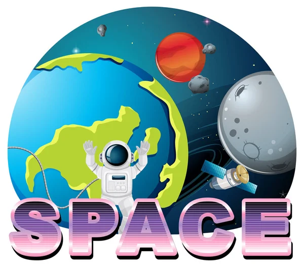 Diseño Del Logo Palabra Espacial Con Ilustración Astronauta Tierra — Archivo Imágenes Vectoriales