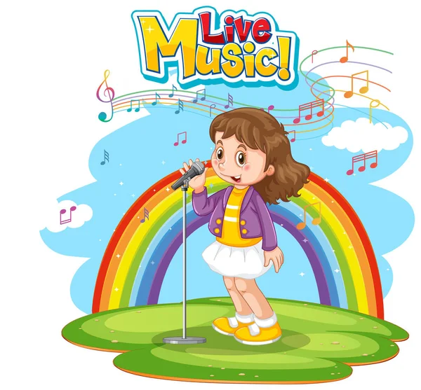 虹の背景イラストで歌う女の子とライブ音楽のロゴ — ストックベクタ