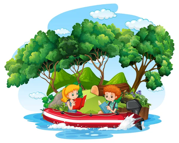 Children Reading Book Inflatable Boat Cartoon Style Illustration — Image vectorielle