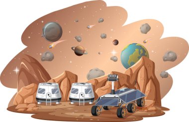 Uzay gemisi çizimleriyle gezegendeki uzay istasyonu