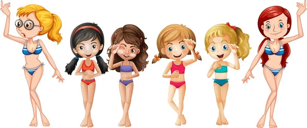 Many Girls Wearing Bikinis Cartoon Characters Illustration — Stock Vector